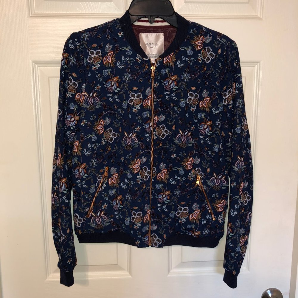 Zara Trafaluc Floral Bomber Jacket Sz S Rose Gold